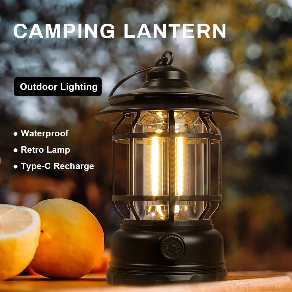 Tusmad Rechargeable LED Camping Light Retro Style Lighting Battery Type-c Rechargeable Dimmable Tent Lamp Outdoor Portable Waterproof Flashlight Lanterns Lightweight for Courtyard Hiking Power Out