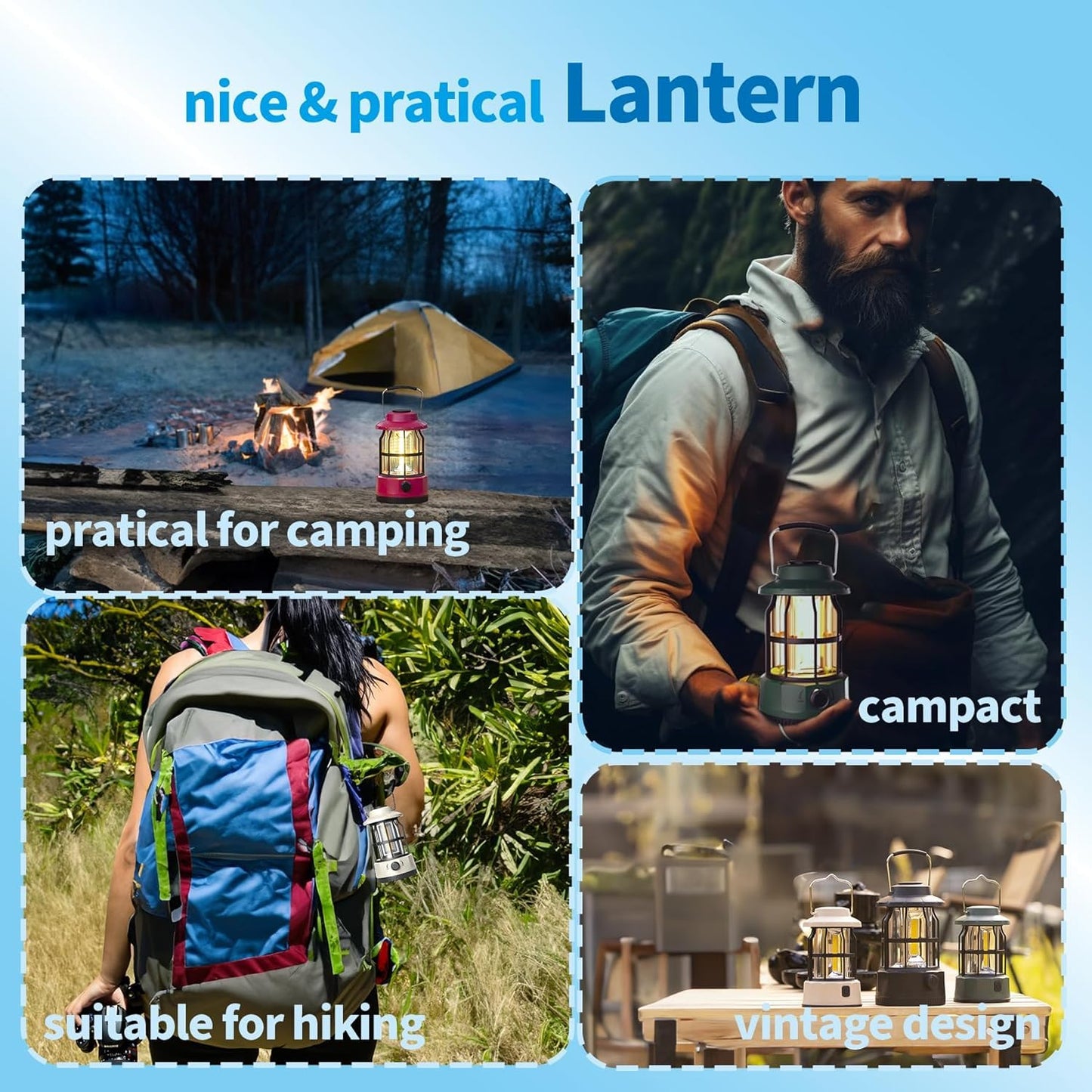 Tusmad Rechargeable LED Camping Light Retro Style Lighting Battery Type-c Rechargeable Dimmable Tent Lamp Outdoor Portable Waterproof Flashlight Lanterns Lightweight for Courtyard Hiking Power Out