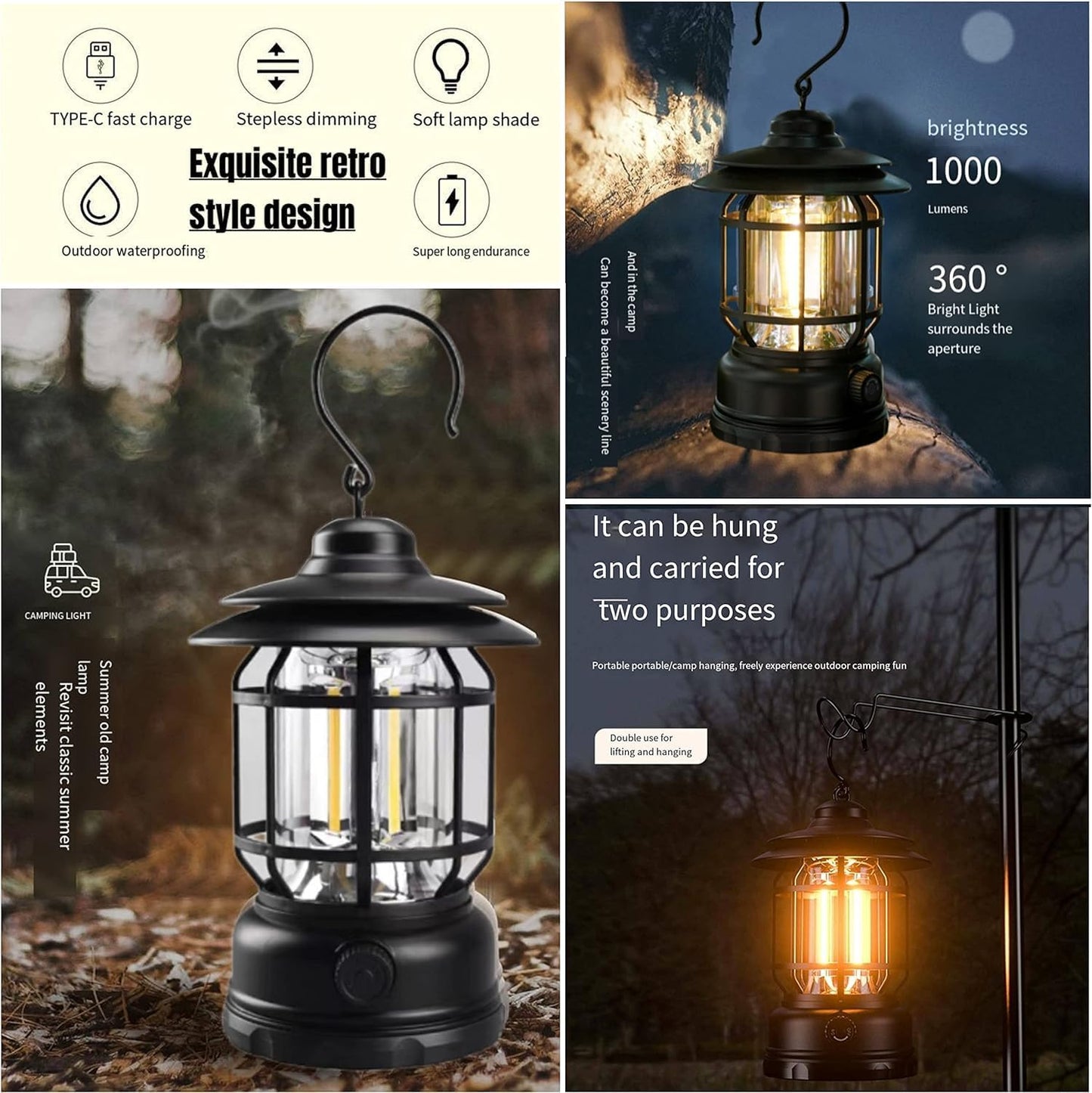 Tusmad Rechargeable LED Camping Light Retro Style Lighting Battery Type-c Rechargeable Dimmable Tent Lamp Outdoor Portable Waterproof Flashlight Lanterns Lightweight for Courtyard Hiking Power Out