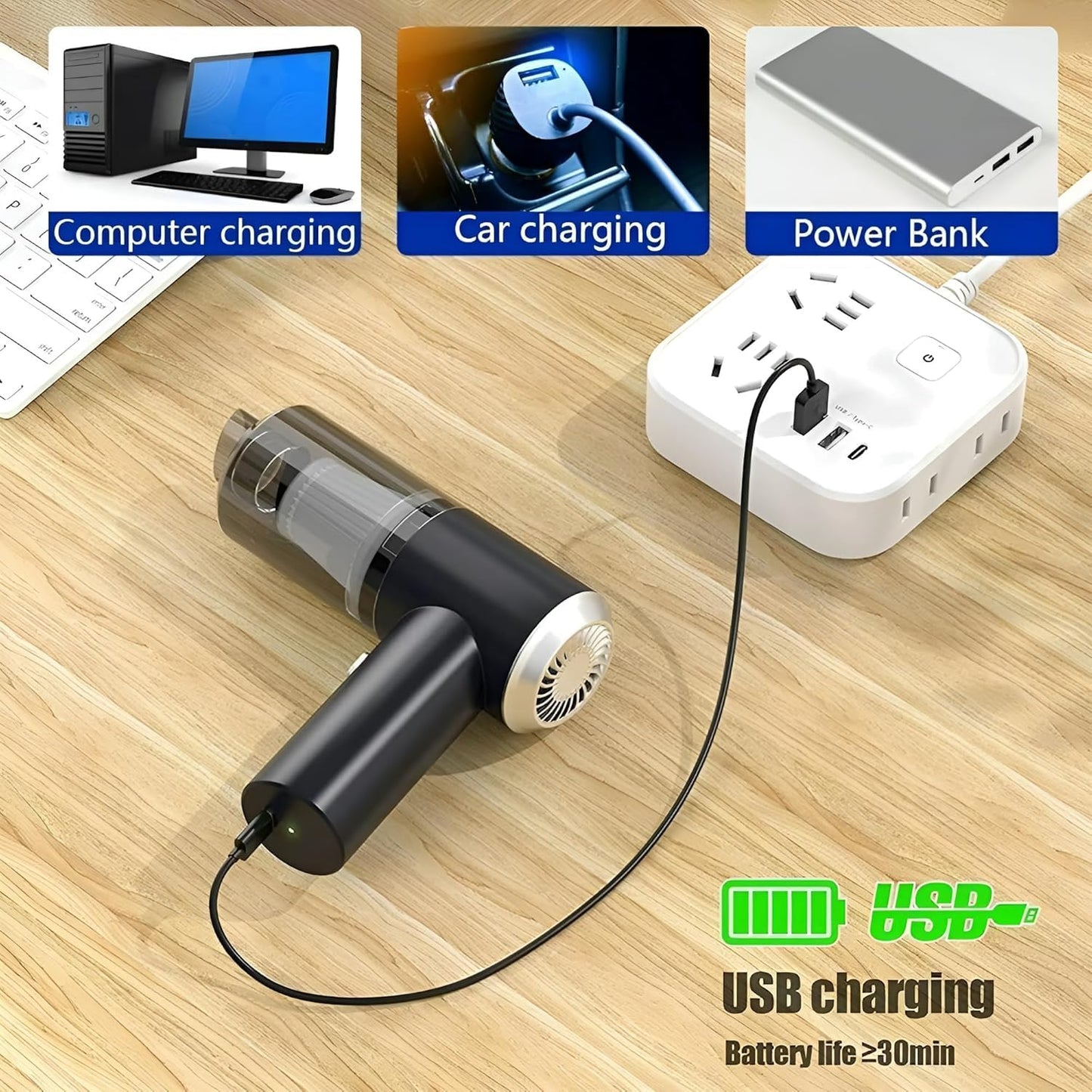 Tusmad 3 in 1 Portable Car Vacuum Cleaner with Blower | USB Rechargeable Wireless Handheld Car Vacuum Cleaner Traveling, Camping Reusable,Portable, Cleaning Solution Office Home kichan