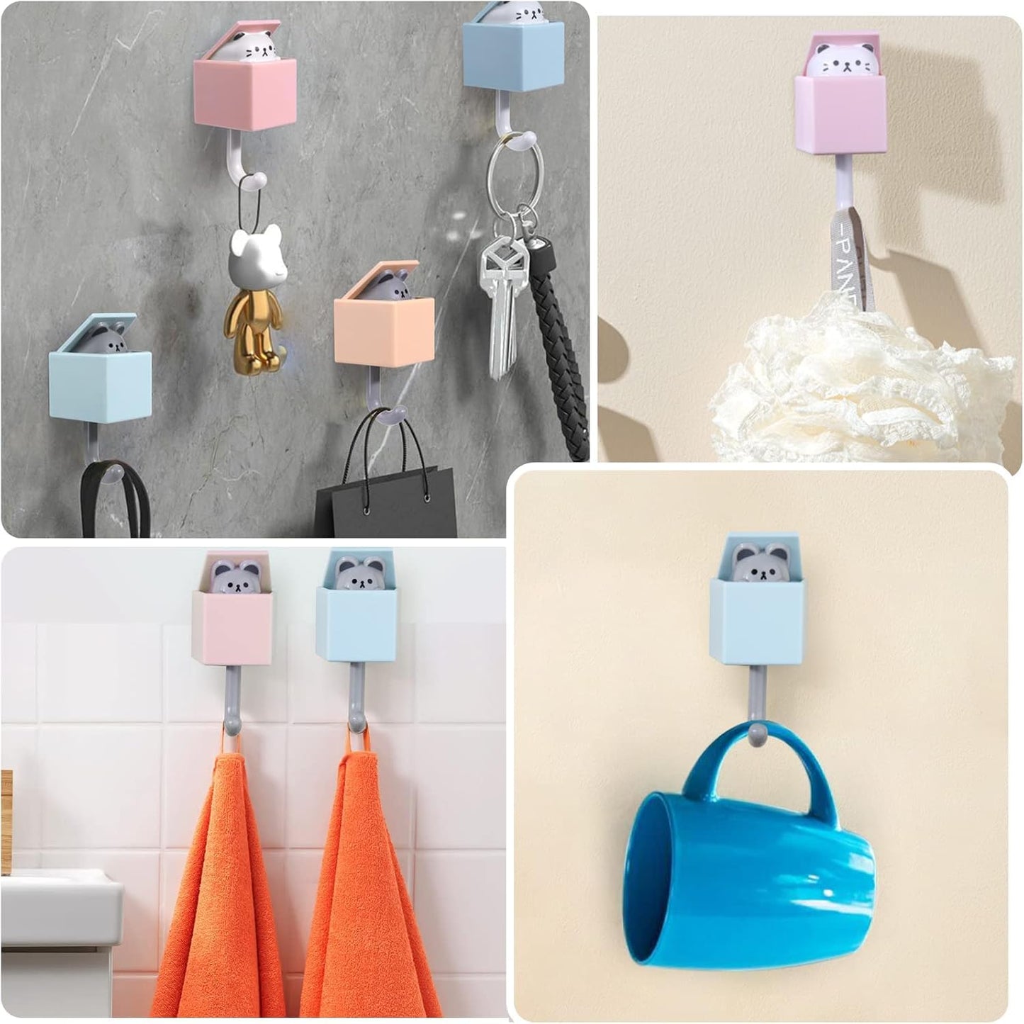 Tusmad Cute Cat Key Hook, 4Pcs Adhesive Coat Hooks Key Holder for Wall Decorative, Cat Hooks for Coat, Bag, Hat, Towel, Key Hooks for Wall Hanging Decorations