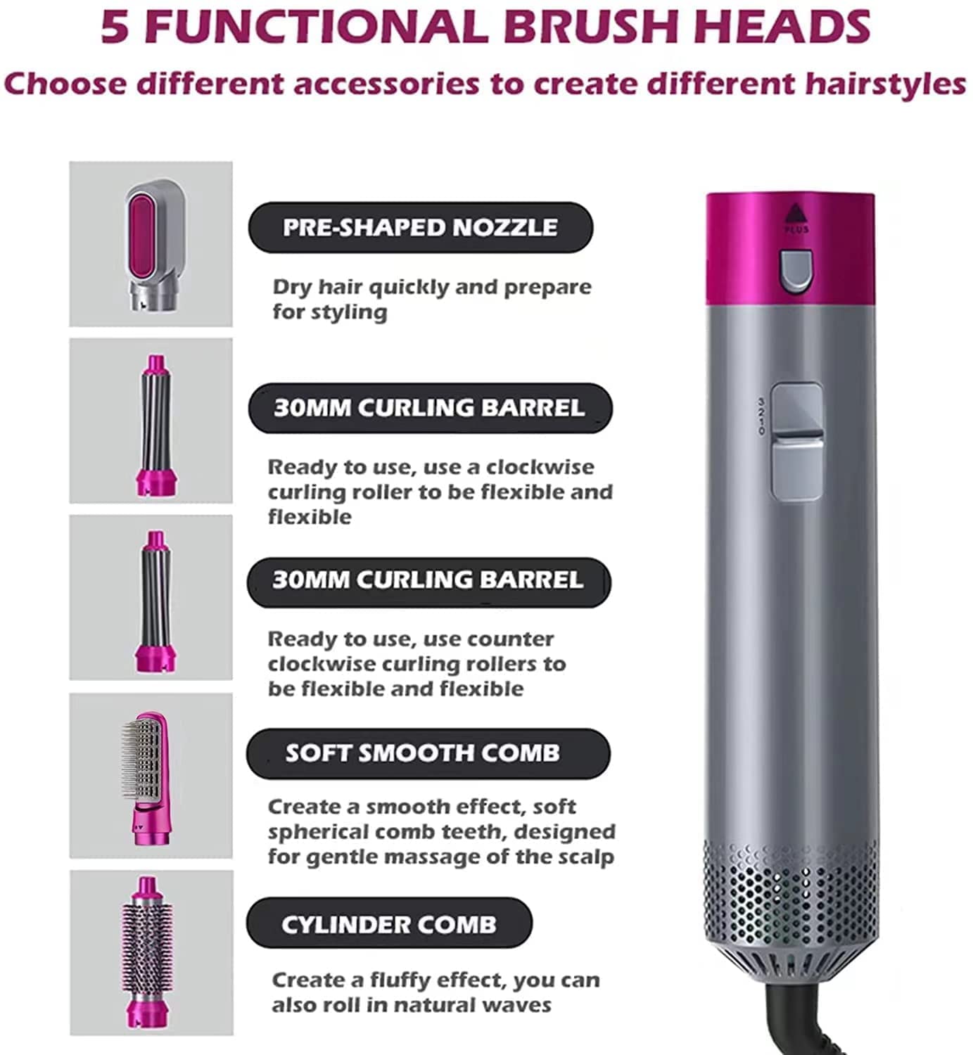 Tusmad Hot Air Brush for 5 in 1 Hot Air Styler Hair Dryer hair straightener Multifunctional Styling Tool Fast Heating Crimper Wand Manual Curler in All Hair Type Curling Stick Set,for Women Iron Straightening Gift for Sister