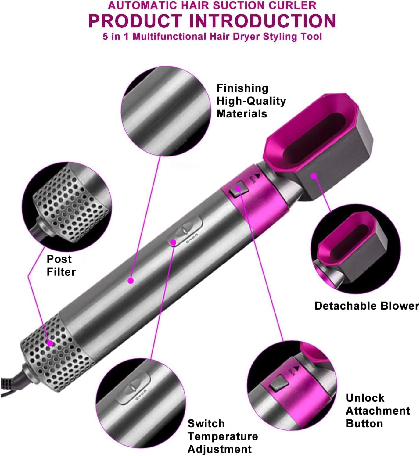Tusmad Hot Air Brush for 5 in 1 Hot Air Styler Hair Dryer hair straightener Multifunctional Styling Tool Fast Heating Crimper Wand Manual Curler in All Hair Type Curling Stick Set,for Women Iron Straightening Gift for Sister