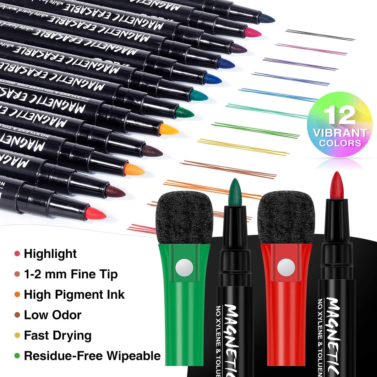 Tusmad 12 Colors Magnetic Whiteboard Markers with Eraser Cap Low Odor Magnetic Dry Erase Markers Fine Point Tip for Kids & Teachers, Home, Office & School Supplies