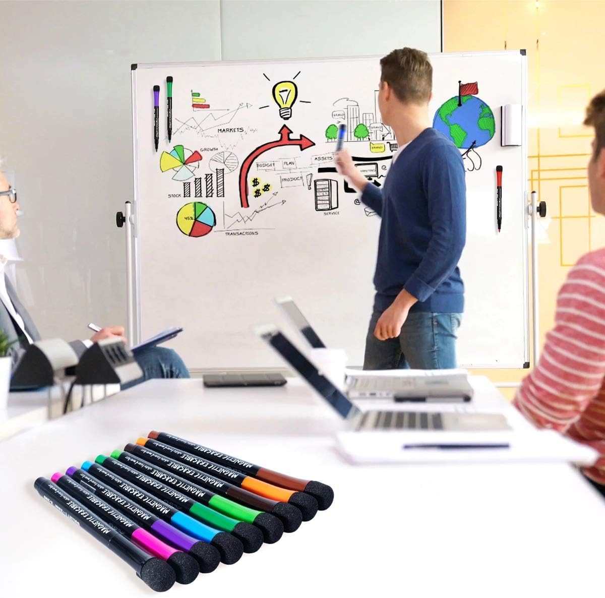 Tusmad 12 Colors Magnetic Whiteboard Markers with Eraser Cap Low Odor Magnetic Dry Erase Markers Fine Point Tip for Kids & Teachers, Home, Office & School Supplies
