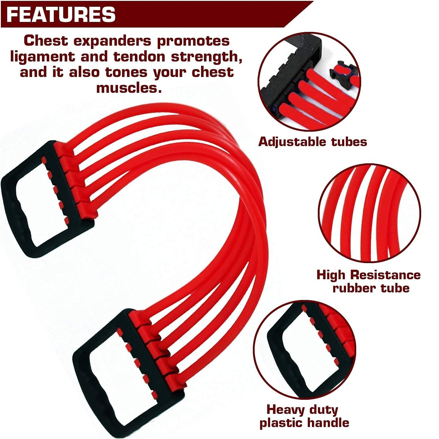 Tusmad Adjustable Rubber Chest Expander | Ideal for Yoga, Gym, Home Workout | 5 Premium Natural Latex Tubes to Adjust Training Intensity | Lightweight, Durable with Non-Slip Handle, (Red)