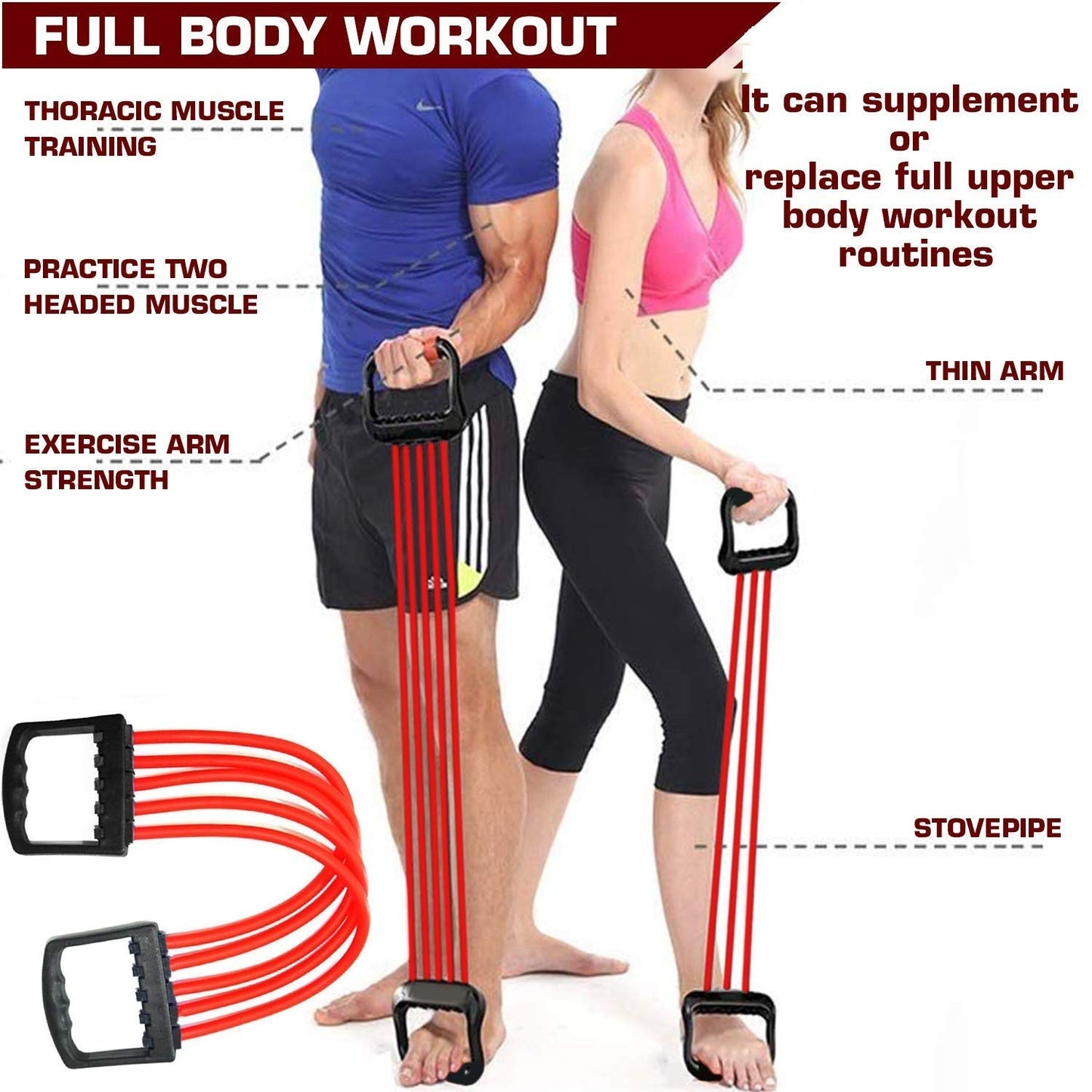 Tusmad Adjustable Rubber Chest Expander | Ideal for Yoga, Gym, Home Workout | 5 Premium Natural Latex Tubes to Adjust Training Intensity | Lightweight, Durable with Non-Slip Handle, (Red)