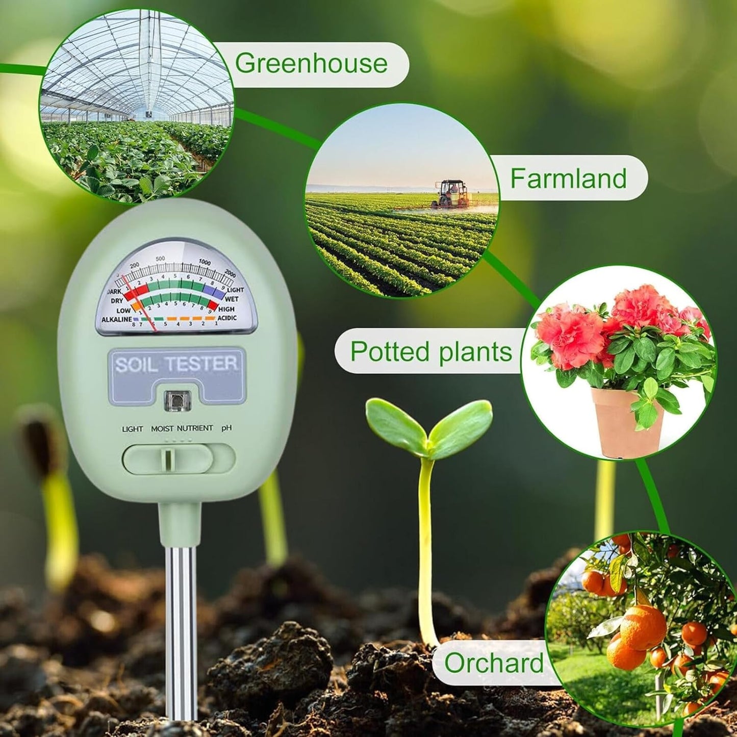 Tusmad 4-in-1 Soil Ph Meter Soil Tester for Moisture, Light,Nutrients, pH,Soil Ph Test Kit, Great for Garden, Lawn, Farm, Indoor & Outdoor Use (No Battery Required)