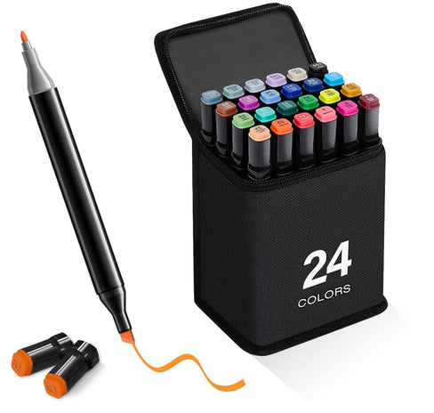 Tusmad 24 Pcs Dual Tip Alcohol Markers Set, Non-Toxic Art Supplies With Carry Case Set Colour Broad Drawing Sketching (24) Black