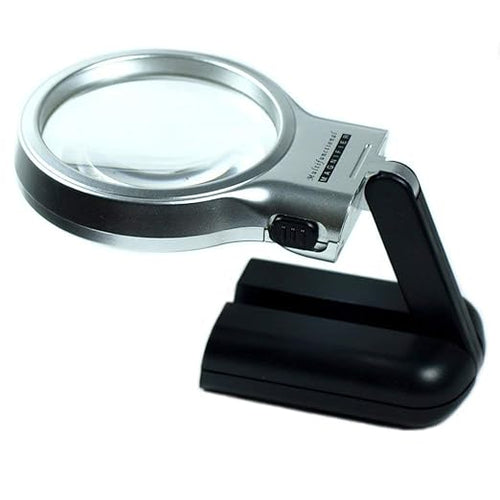 Tusmad Supremo Aldo Multifunctional 3-in-1 Hand-Held Folding Lighted High-Powered Magnifier Glass with 3X Zoom and 2 LED Lights Stand and UV Protection for Reading A4, Newspaper, Soldering, map
