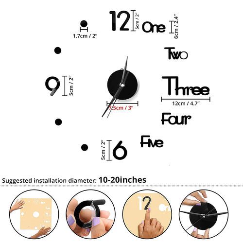 TUSMAD Frameless DIY Wall Clock Silent Non Ticking, Black Round Battery Operated Modern 3D Wall Clocks Decor for Living Room Bedroom Office Home and Kitchen, Fashion Wall Clock Stickers Decoration