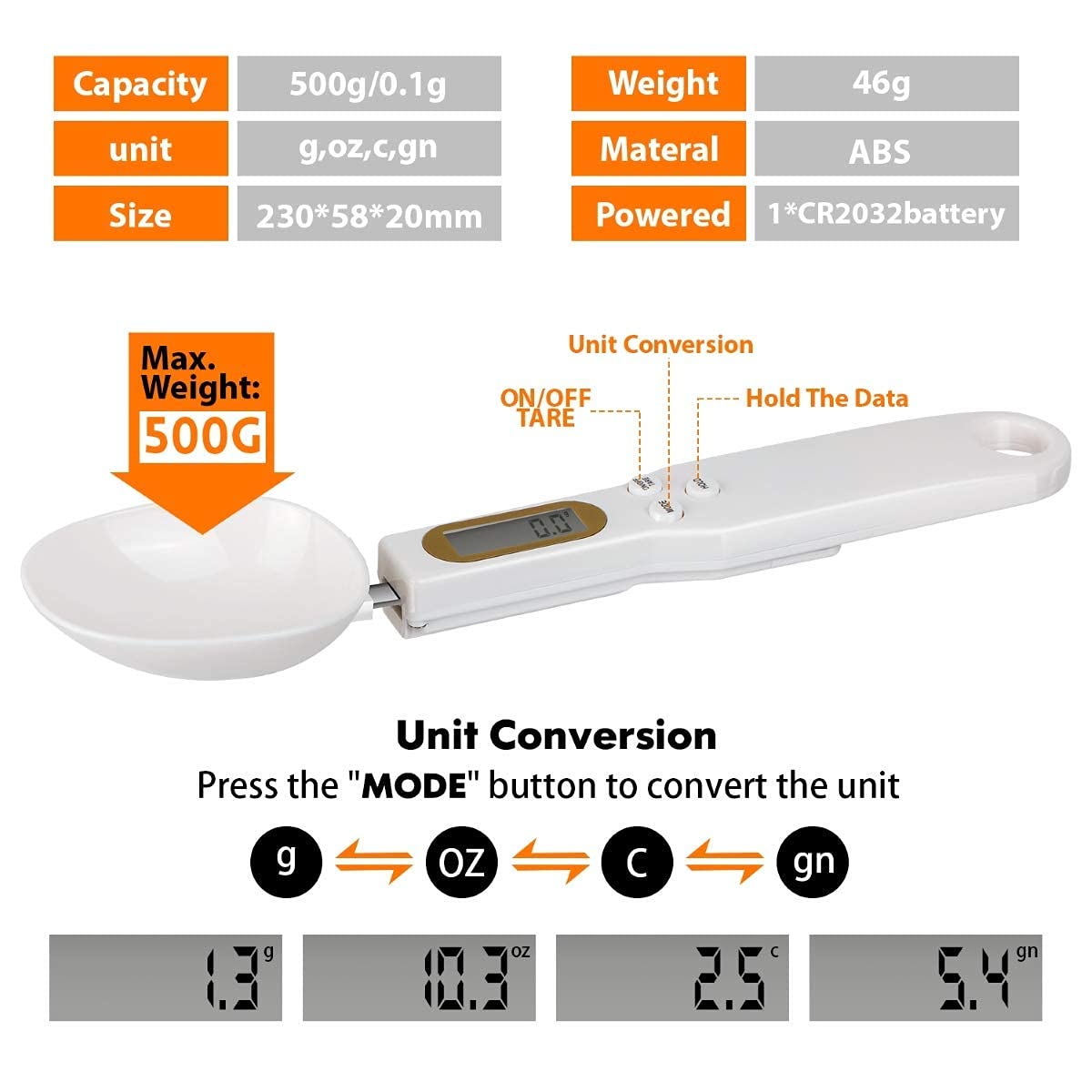 Tusmad Kitchen Food Digital Spoon Scale, Scale 1.1lb/500g(0.1g) Kitchen Tools Accessories with LCD Display Weight Measuring Food Coffee Flour Spices