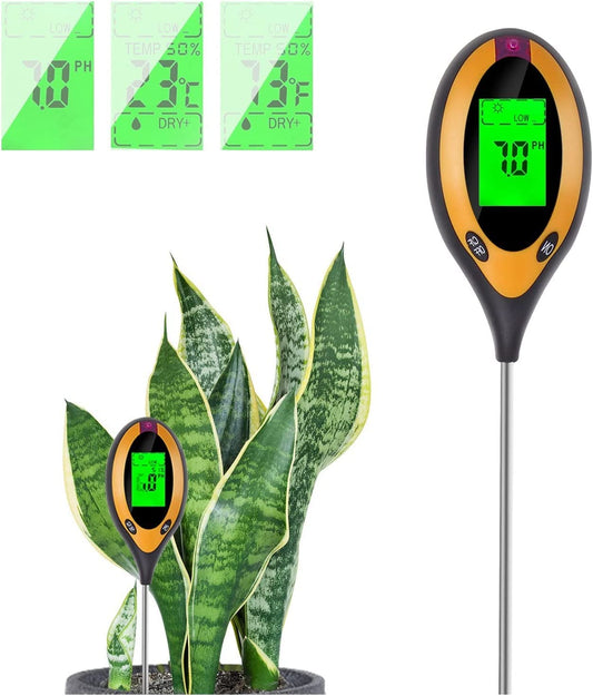 Tusmad Soil Tester 4 in 1 PH Meter, Digital Soil PH Meter 4 in 1 Moisture Gardening Water Soil Testing Machine with Sensor Prob, LCD Display for Sunlight Temperature, Home and Garden Plants