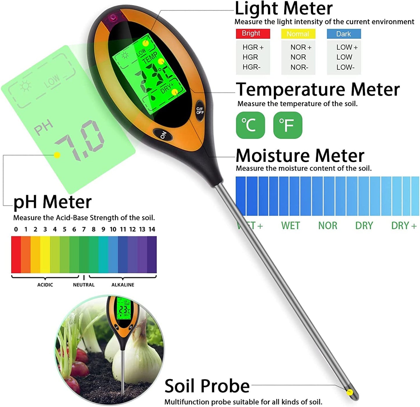 Tusmad Soil Tester 4 in 1 PH Meter, Digital Soil PH Meter 4 in 1 Moisture Gardening Water Soil Testing Machine with Sensor Prob, LCD Display for Sunlight Temperature, Home and Garden Plants