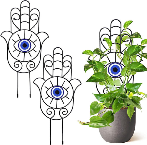 Tusmad Evil Eye Metal Plant Trellis for Climbing Plants Indoor Set of 2 Blue Eye Hamsa Shape Design 14" Small Metal Stake for Vines Garden Pot Houseplants, Home, Office, Patio
