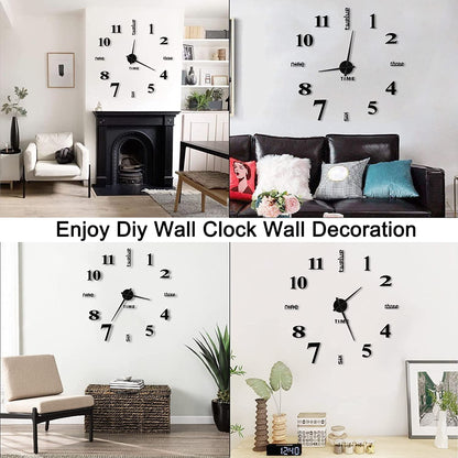 TUSMAD Frameless DIY Wall Clock Silent Non Ticking, Black Round Battery Operated Modern 3D Wall Clocks Decor for Living Room Bedroom Office Home and Kitchen, Fashion Wall Clock Stickers Decoration