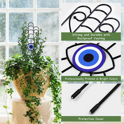 Tusmad Evil Eye Metal Plant Trellis for Climbing Plants Indoor Set of 2 Blue Eye Hamsa Shape Design 14" Small Metal Stake for Vines Garden Pot Houseplants, Home, Office, Patio