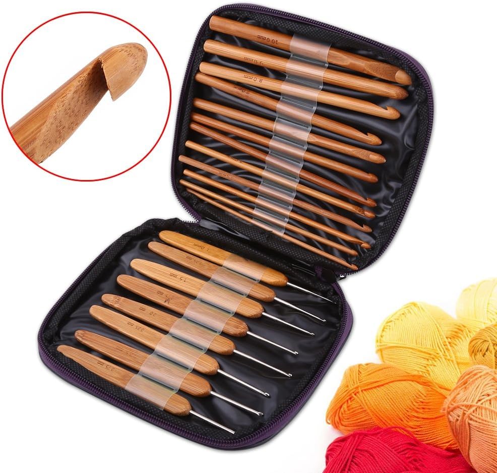 Tusmad 20pcs Bamboo Crochet Hooks Needles Knit Weave Craft Yarn DIY Sewing Tools Knitting Bamboo Crochet Hook Set with Case DIY Tools