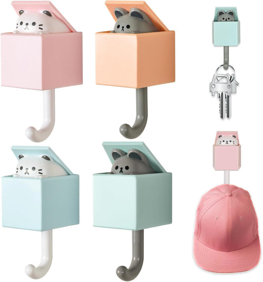 Tusmad Cute Cat Key Hook, 4Pcs Adhesive Coat Hooks Key Holder for Wall Decorative, Cat Hooks for Coat, Bag, Hat, Towel, Key Hooks for Wall Hanging Decorations