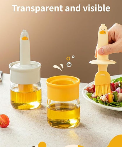 Tusmad Glass Olive Oil Dispenser Bottle with Silicone Brush 2 in 1,200ml Cute Duck Silicone Measuring Oil Dispenser Bottle for Kitchen Cooking,Frying,Baking,BBQ Pancake,Air Fryer