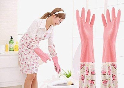 Tusmad Reusable Rubber Latex Pvc Flock Lined Long Elbow Hand Gloves Safety Kitchen For Dish-Washing, Cleaning, Gardening, Laundry And Sanitation And Lab Work (Large Free Size) Pack of 1 Pair (Pink)