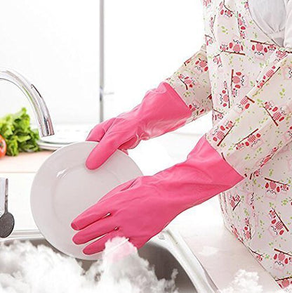 Tusmad Reusable Rubber Latex Pvc Flock Lined Long Elbow Hand Gloves Safety Kitchen For Dish-Washing, Cleaning, Gardening, Laundry And Sanitation And Lab Work (Large Free Size) Pack of 1 Pair (Pink)