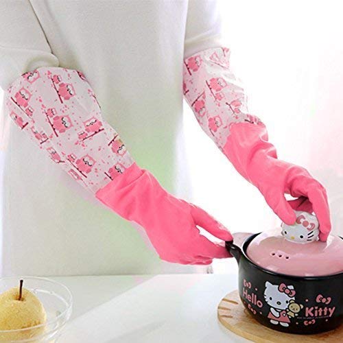 Tusmad Reusable Rubber Latex Pvc Flock Lined Long Elbow Hand Gloves Safety Kitchen For Dish-Washing, Cleaning, Gardening, Laundry And Sanitation And Lab Work (Large Free Size) Pack of 1 Pair (Pink)