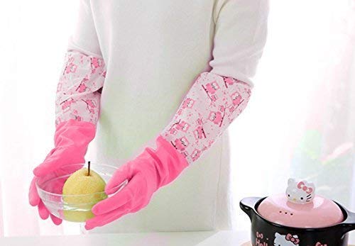 Tusmad Reusable Rubber Latex Pvc Flock Lined Long Elbow Hand Gloves Safety Kitchen For Dish-Washing, Cleaning, Gardening, Laundry And Sanitation And Lab Work (Large Free Size) Pack of 1 Pair (Pink)