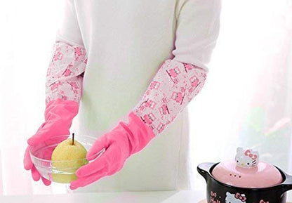 Tusmad Reusable Rubber Latex Pvc Flock Lined Long Elbow Hand Gloves Safety Kitchen For Dish-Washing, Cleaning, Gardening, Laundry And Sanitation And Lab Work (Large Free Size) Pack of 1 Pair (Pink)