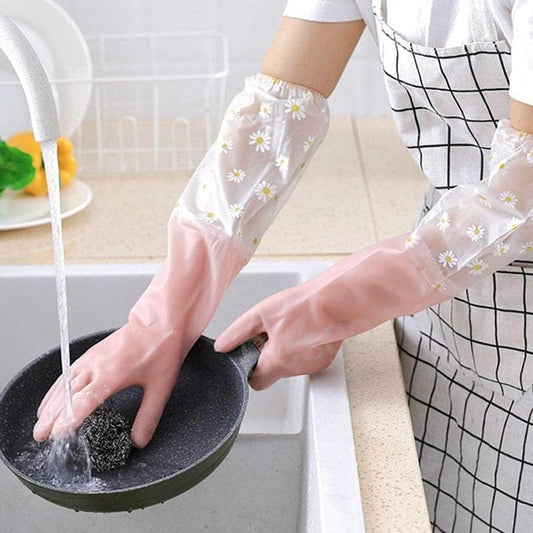 Tusmad Reusable Heavy Duty Hand Gloves For Dishwashing Housework White Long Plus Laundry Waterproof Plastic Leather Household Cleaning Gloves Kitchen Dishes Glove (pink)