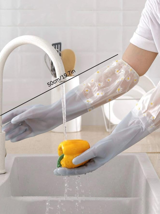 Tusmad Reusable Heavy Duty Hand Gloves For Dishwashing Housework White Long Plus Laundry Waterproof Plastic Leather Household Cleaning Gloves Kitchen Dishes Glove (Gray)