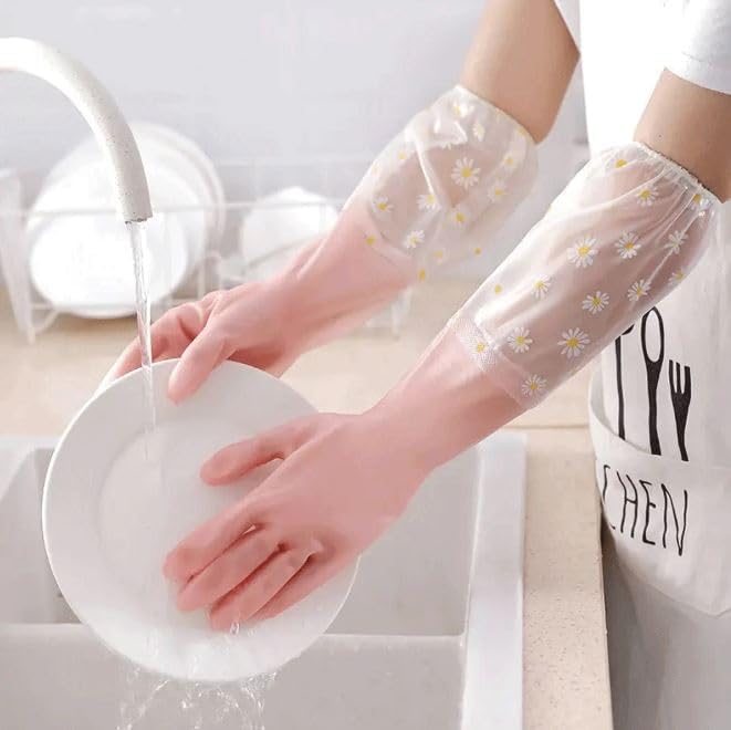 Tusmad Reusable Heavy Duty Hand Gloves For Dishwashing Housework White Long Plus Laundry Waterproof Plastic Leather Household Cleaning Gloves Kitchen Dishes Glove (pink)