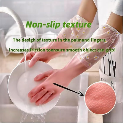 Tusmad Reusable Heavy Duty Hand Gloves For Dishwashing Housework White Long Plus Laundry Waterproof Plastic Leather Household Cleaning Gloves Kitchen Dishes Glove (pink)