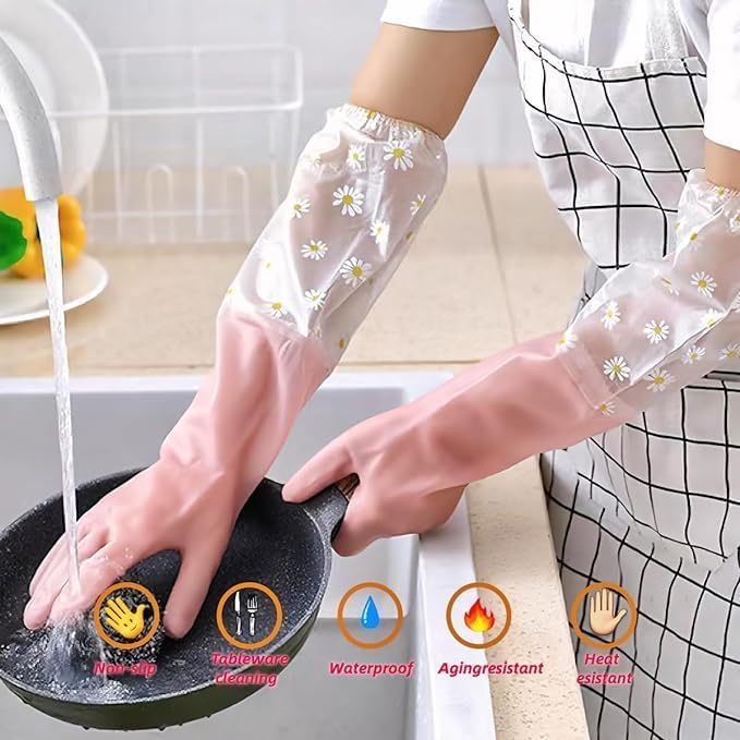 Tusmad Reusable Heavy Duty Hand Gloves For Dishwashing Housework White Long Plus Laundry Waterproof Plastic Leather Household Cleaning Gloves Kitchen Dishes Glove (pink)