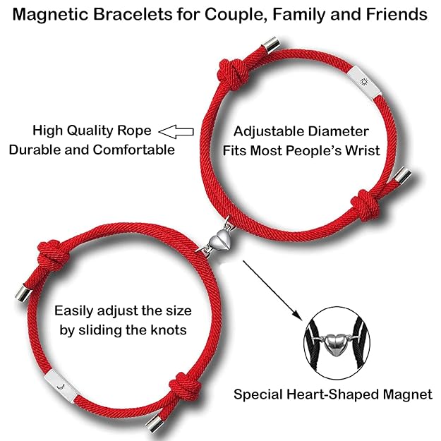 Tusmad 2PCS Set Magnetic Couple Bracelets for Women Men, Stainless Steel Heart Shaped with Sun and Moon Attraction Matching Bracelet Gifts for Lover/Friend, Gift for Valentine Day