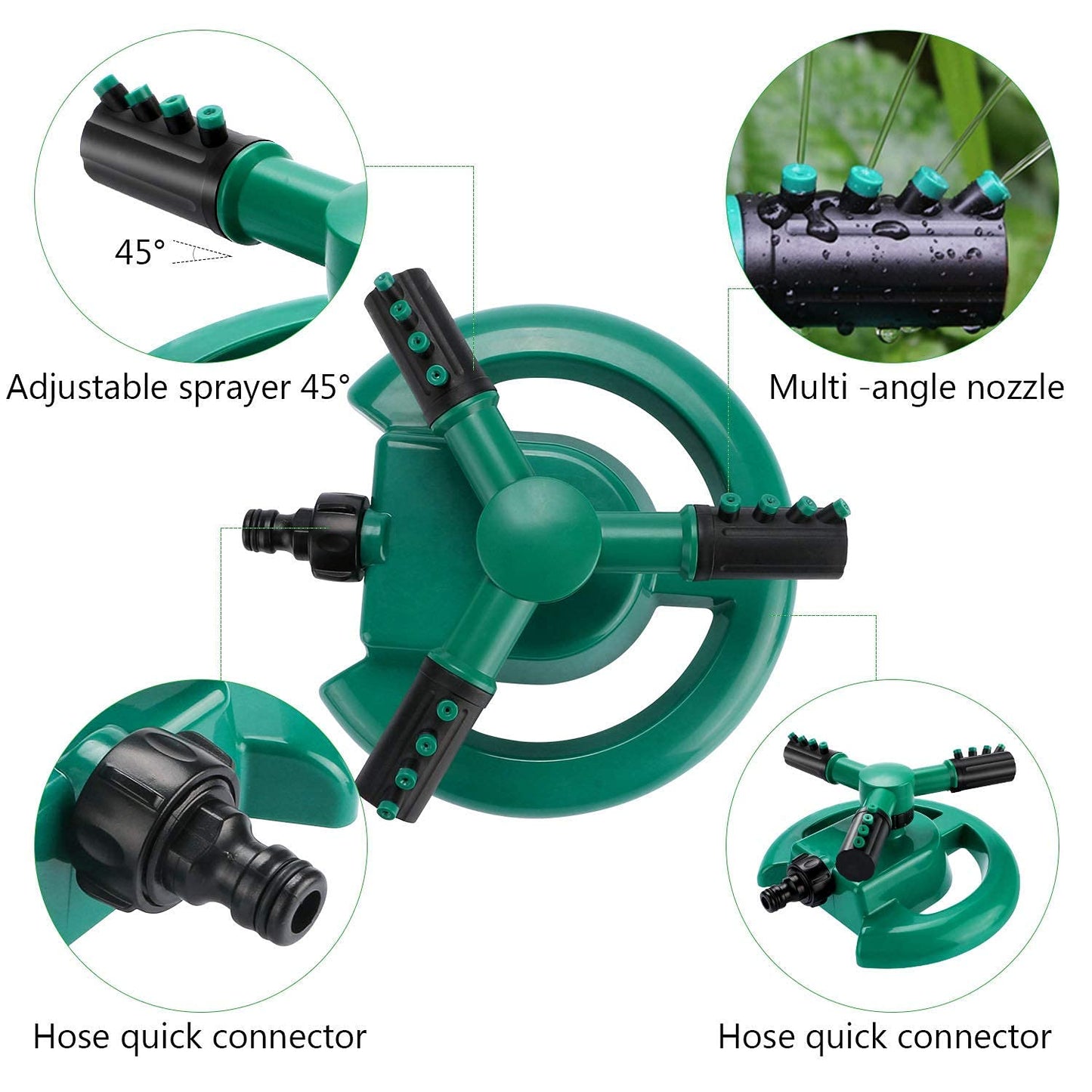 Tusmad 1 Pc Automatic 360 ° Rotating Adjustable Round 3 Arm Lawn Water Sprinkler for Watering Garden Plants/Pipe Hose Irrigation Yard Water Sprayer (Green)