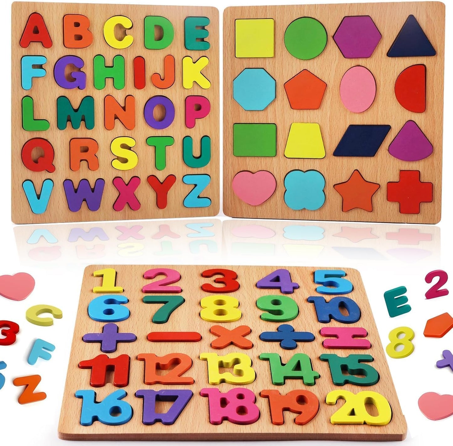 Tusmad Kids Colorful Wooden Puzzle Set Featuring 3D Capital Alphabets, Numbers, and Shapes | ABCD Puzzle Set | Learning Educational Board for Kids | Montessori Gift(Alphabets, Numbers & Shapes)