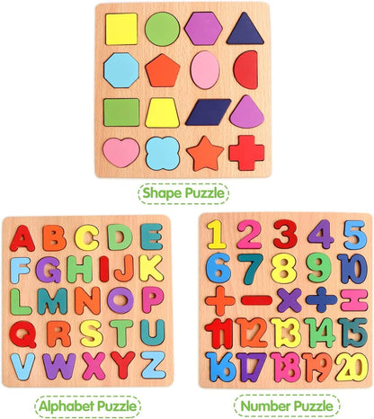 Tusmad Kids Colorful Wooden Puzzle Set Featuring 3D Capital Alphabets, Numbers, and Shapes | ABCD Puzzle Set | Learning Educational Board for Kids | Montessori Gift(Alphabets, Numbers & Shapes)