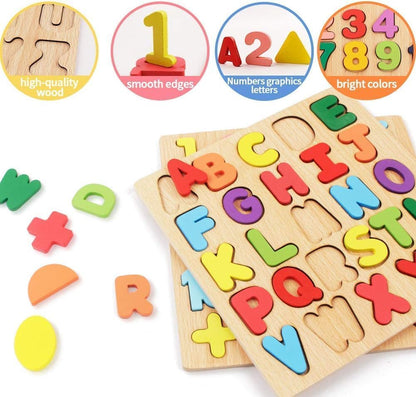 Tusmad Kids Colorful Wooden Puzzle Set Featuring 3D Capital Alphabets, Numbers, and Shapes | ABCD Puzzle Set | Learning Educational Board for Kids | Montessori Gift(Alphabets, Numbers & Shapes)