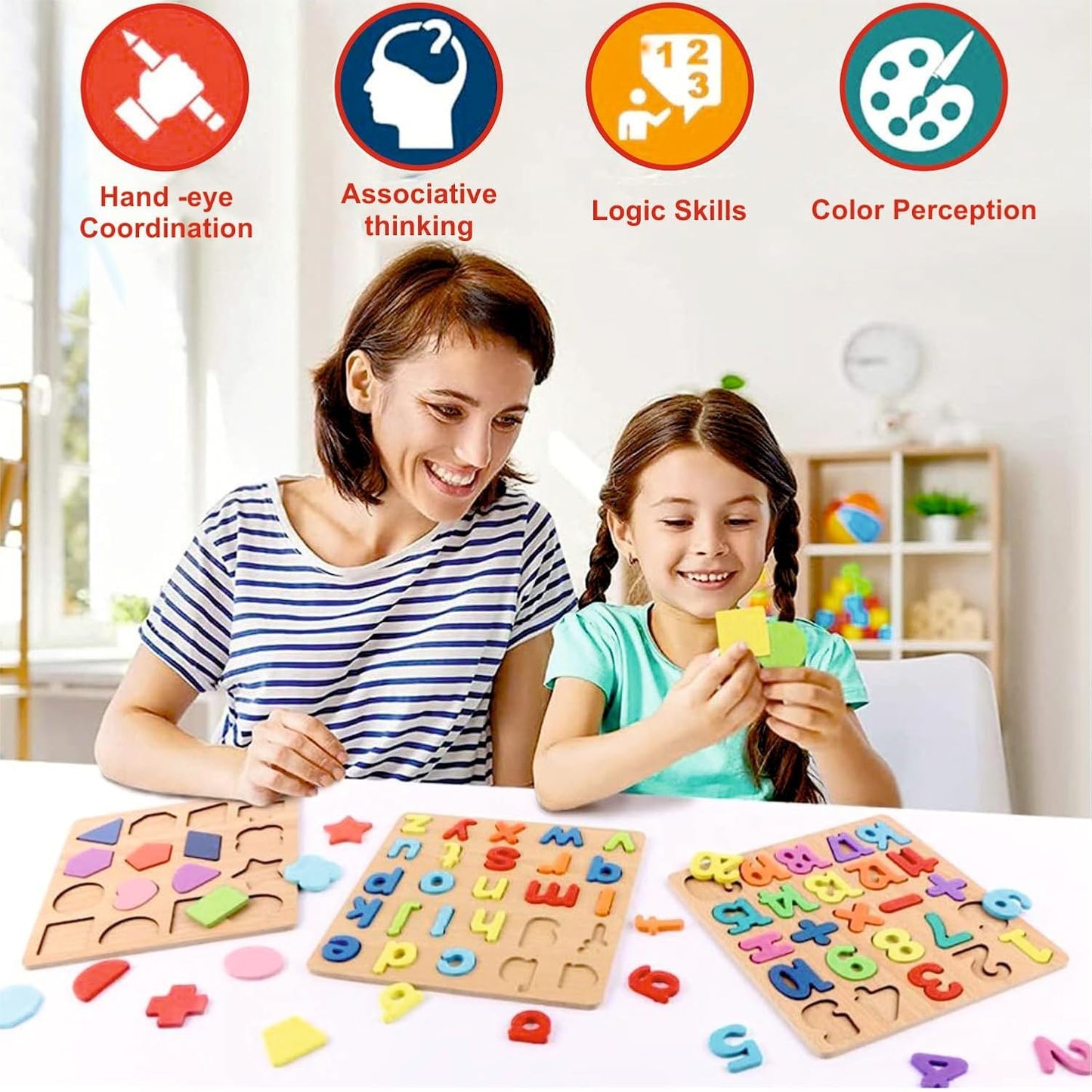 Tusmad Kids Colorful Wooden Puzzle Set Featuring 3D Capital Alphabets, Numbers, and Shapes | ABCD Puzzle Set | Learning Educational Board for Kids | Montessori Gift(Alphabets, Numbers & Shapes)