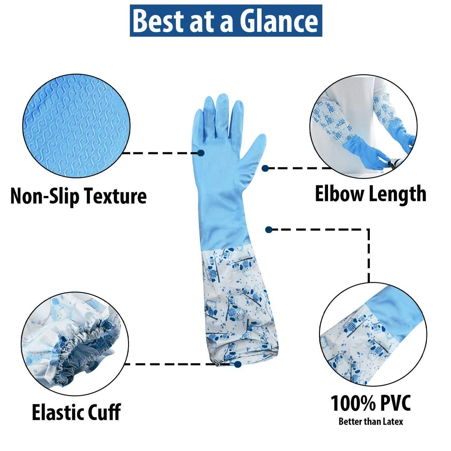 Tusmad Reusable Rubber Latex Pvc Flock Lined Long Elbow Hand Gloves Safety Kitchen For Dish-Washing,Cleaning,Gardening,Laundry And Sanitation And Lab Work(Large Free Size)Pack of 1- Pair(Blue)